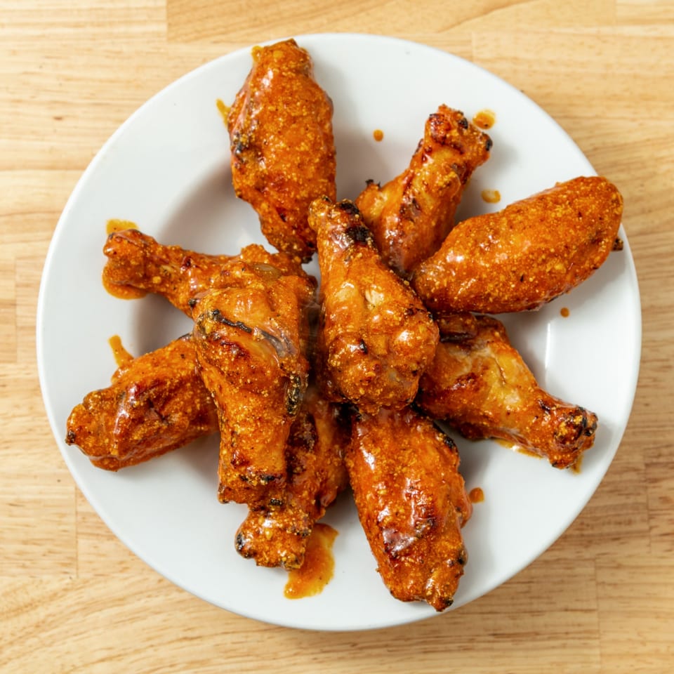 A white plate filled with eight golden-brown, saucy chicken wings on a wooden table.